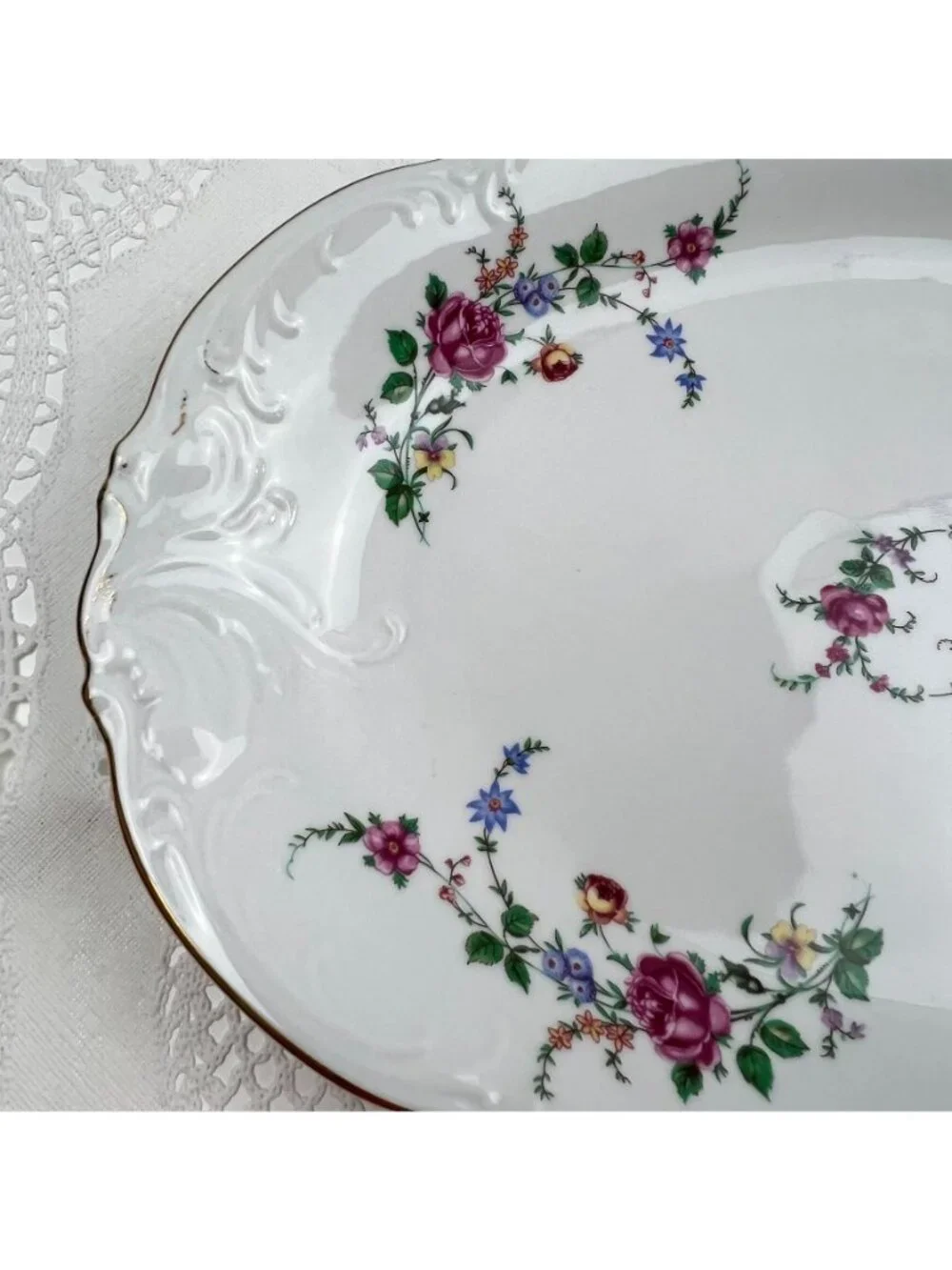 Wawel Poland Serving Platter Embossed Scalloped White Pink Roses 13